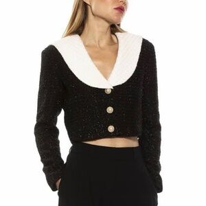 Alexia Admor Cropped Tweed Jacket Pearl Buttons Black White Size 6